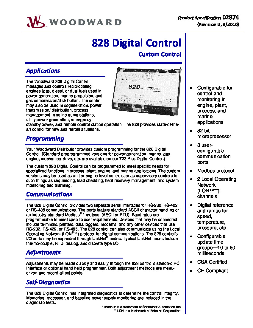 First Page Image of 9907-248 Woodward 828 Digital Control Custom Control 02874.pdf